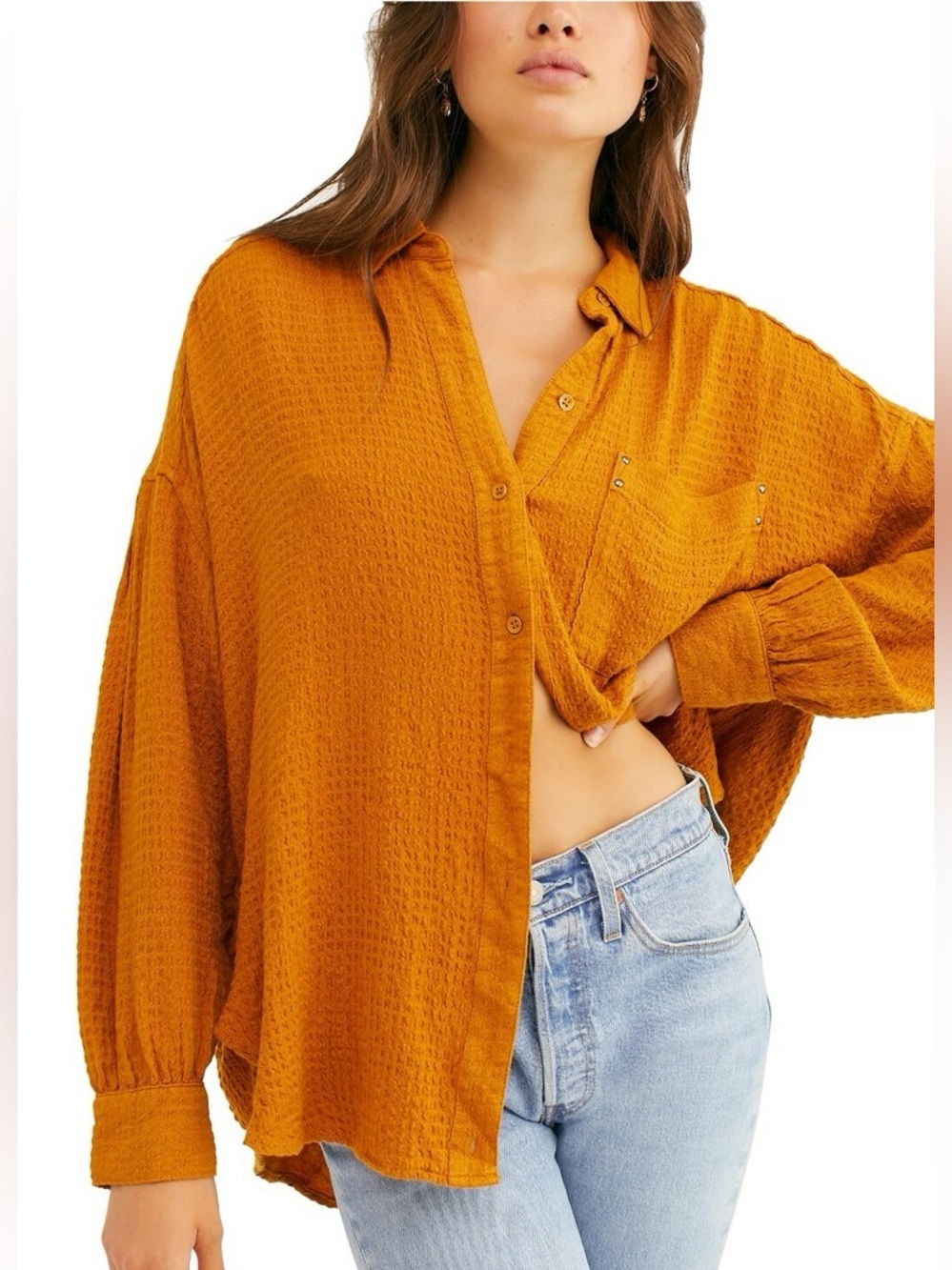 Free People We The Free Hidden Valley Button Down Shirt Waffle Knit Boho Size S